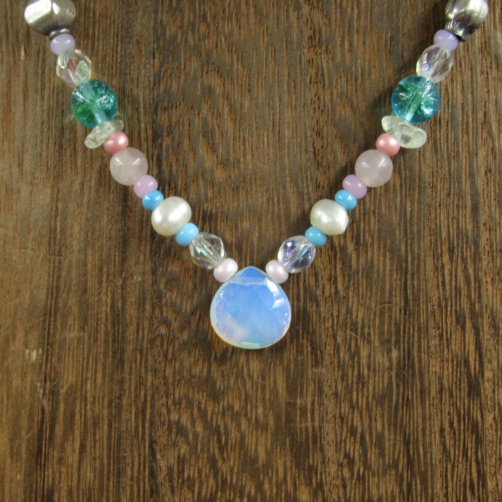 12" Sterling Silver Pearl Rose Quartz Stone Necklace Vintage